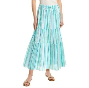 Hiho Tortola Tola Maxi Skirt Tiered Pull-On Lined Cotton Turquoise White Blue S